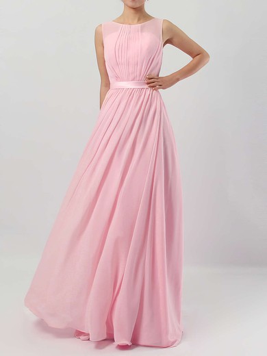 A-line Scoop Neck Floor-length Chiffon Sashes / Ribbons Bridesmaid Dresses #PDS01013550