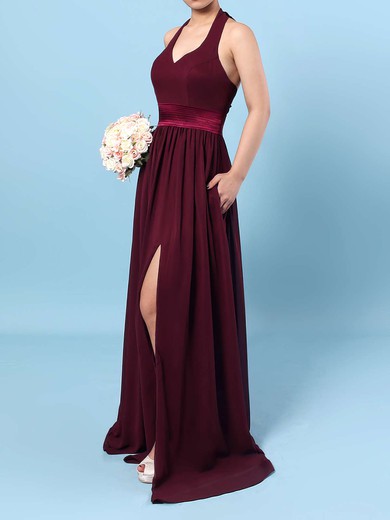 A-line Halter Floor-length Chiffon Sashes / Ribbons Bridesmaid Dresses #PDS01013563