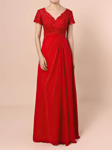 A-line V-neck Floor-length Lace Chiffon Beading Mother of the Bride Dresses #PDS01021721