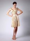 Satin A-line V-neck Knee-length Pleats Bridesmaid Dresses #PDS02013684