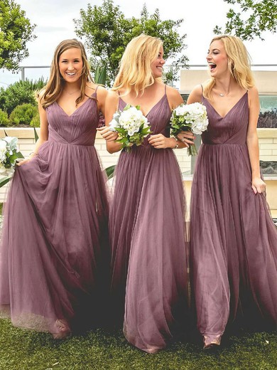 A-line V-neck Floor-length Tulle Ruffles Bridesmaid Dresses #PDS01013670