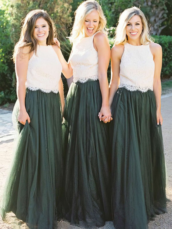 A-line Scoop Neck Floor-length Tulle Lace Bridesmaid Dresses #PDS01013676