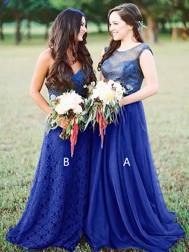 A-line Scoop Neck Sweep Train Tulle Lace Bridesmaid Dresses #PDS01013680