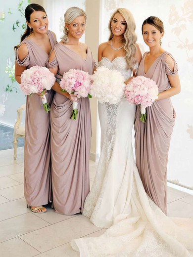 Sheath/Column V-neck Floor-length Silk-like Satin Pick-Ups Bridesmaid Dresses #PDS01013690