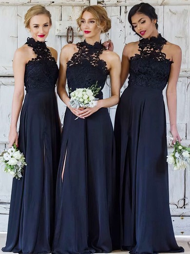 A-line High Neck Floor-length Lace Chiffon Split Front Bridesmaid Dresses #PDS01013694