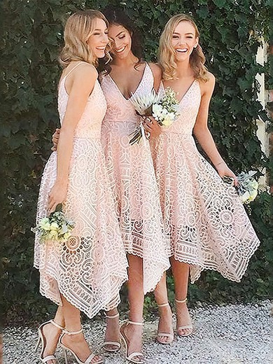 A-line V-neck Tea-length Lace Bridesmaid Dresses #PDS01013596