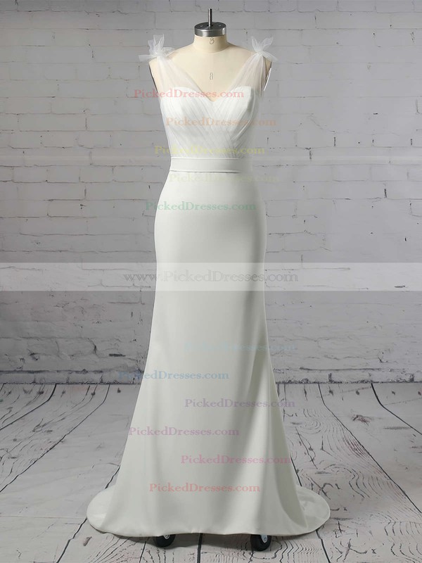 Trumpet/Mermaid V-neck Sweep Train Tulle Stretch Crepe Sashes / Ribbons Bridesmaid Dresses #PDS01013603