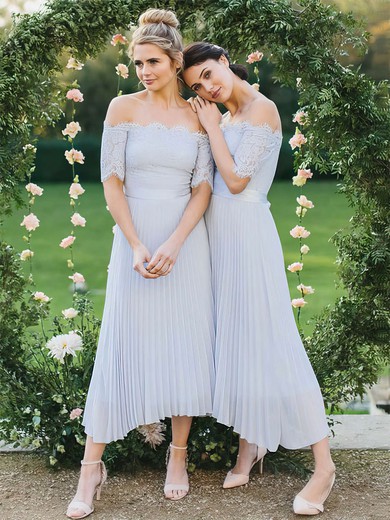 A-line Off-the-shoulder Ankle-length Lace Chiffon Sashes / Ribbons Bridesmaid Dresses #PDS01013619