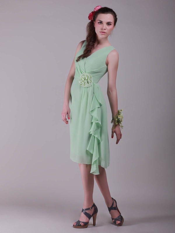 Chiffon A-line V-neck Knee-length Flower(s) Bridesmaid Dresses #PDS02042137