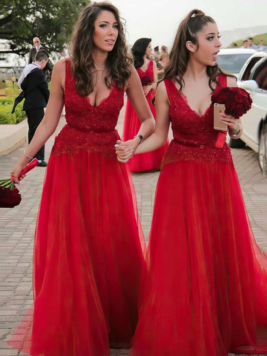 A-line V-neck Floor-length Tulle Lace Bridesmaid Dresses #PDS01013636