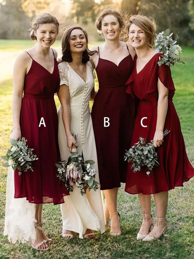A-line V-neck Tea-length Chiffon Bridesmaid Dresses #PDS01013637