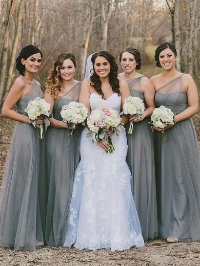 A-line One Shoulder Floor-length Tulle Bridesmaid Dresses #PDS01013660