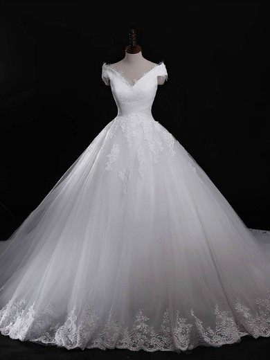 Ball Gown V-neck Chapel Train Tulle Appliques Lace Wedding Dresses #PDS00023321