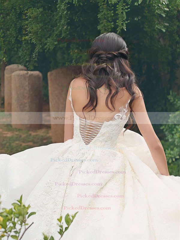 Ball Gown V-neck Floor-length Lace Satin Appliques Lace Wedding Dresses #PDS00023322