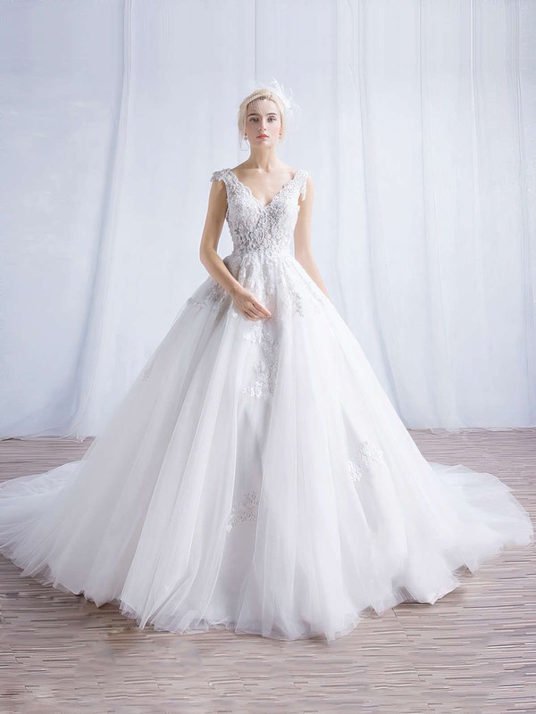 Ball Gown V-neck Chapel Train Tulle Appliques Lace Wedding Dresses #PDS00023324