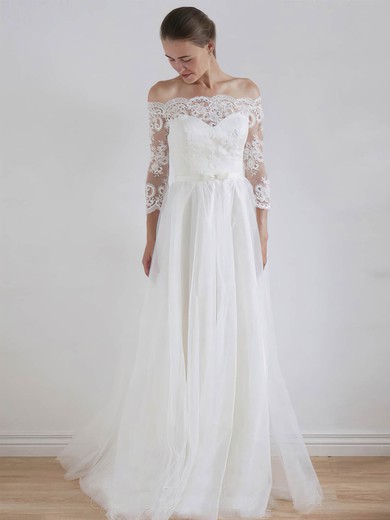 A-line Off-the-shoulder Floor-length Tulle Lace Wedding Dresses #PDS00023325