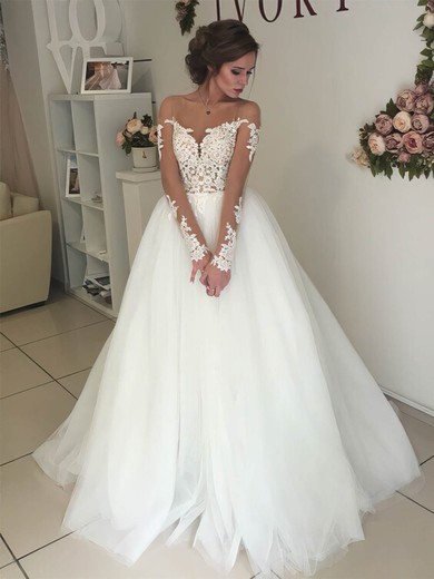 Ball Gown Scoop Neck Sweep Train Tulle Appliques Lace Wedding Dresses #PDS00023333