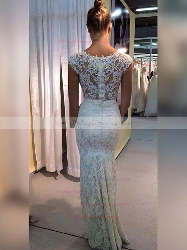 Sheath/Column V-neck Floor-length Lace Appliques Lace Wedding Dresses #PDS00023334