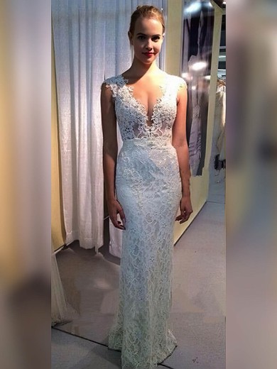 Sheath/Column V-neck Floor-length Lace Appliques Lace Wedding Dresses #PDS00023334