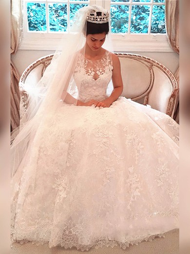 Ball Gown Scoop Neck Court Train Lace Appliques Lace Wedding Dresses #PDS00023341