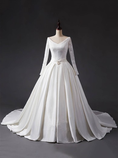 Ball Gown V-neck Chapel Train Lace Satin Sashes / Ribbons Wedding Dresses #PDS00023344