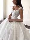 Ball Gown V-neck Cathedral Train Satin Flower(s) Wedding Dresses #PDS00023345