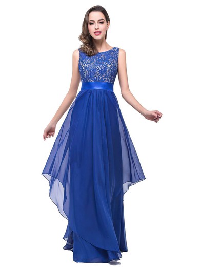 Scoop Neck Lace Chiffon Floor-length Sashes / Ribbons Royal Blue Bridesmaid Dresses #PDS010020101628