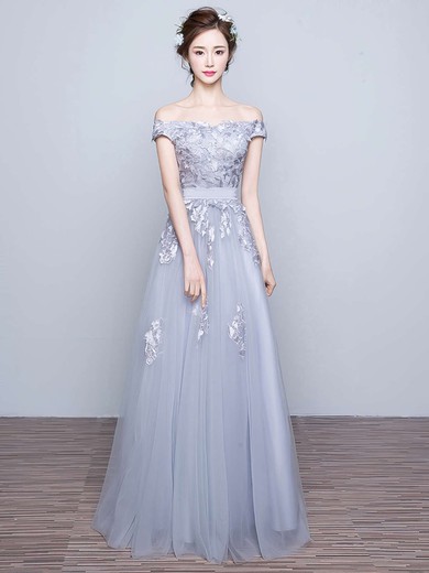 New A-line Gray Tulle Appliques Lace Off-the-shoulder Bridesmaid Dresses #PDS010020102047