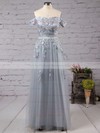 New A-line Gray Tulle Appliques Lace Off-the-shoulder Bridesmaid Dresses #PDS010020102047