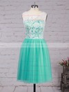 Scoop Neck Tulle with Lace Covered Buttons Short/Mini Bridesmaid Dresses #PDS010020102213