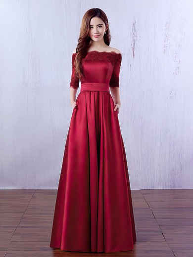 A-line Off-the-shoulder Satin Floor-length Appliques Lace Burgundy Bridesmaid Dresses #PDS010020102406