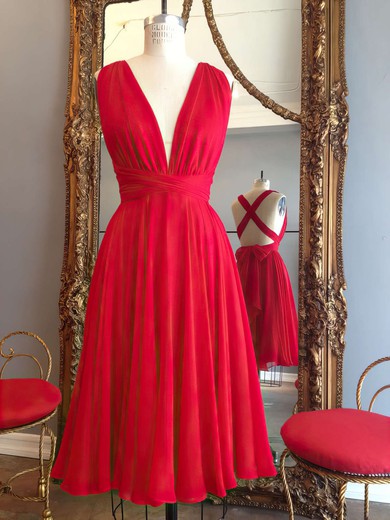 Hot A-line V-neck Chiffon Knee-length Ruffles Red Backless Bridesmaid Dresses #PDS010020102648