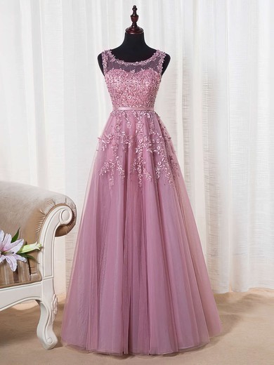 A-line Scoop Neck Tulle Floor-length Appliques Lace Graceful Bridesmaid Dresses #PDS010020102804
