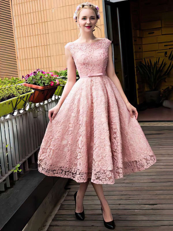A-line Scoop Neck Lace Tea-length Sashes / Ribbons  Lace-up Sweet Bridesmaid Dresses #PDS010020102877