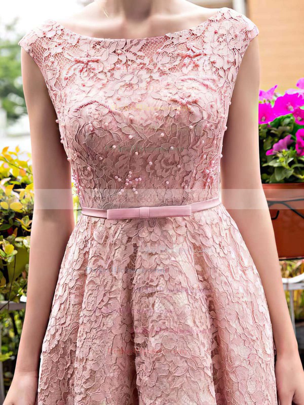 A-line Scoop Neck Lace Tea-length Sashes / Ribbons  Lace-up Sweet Bridesmaid Dresses #PDS010020102877