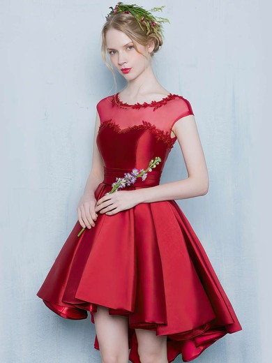 Prettiest Princess Scoop Neck Satin Tulle Asymmetrical Appliques Lace Cap Straps High Low Bridesmaid Dresses #PDS010020103133