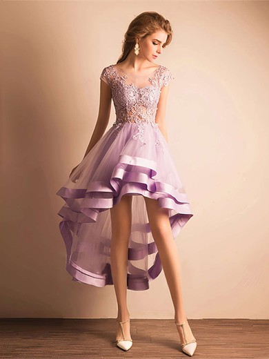 A-line Scoop Neck Tulle Asymmetrical Appliques Lace Cap Straps High Low Glamorous Bridesmaid Dresses #PDS010020103141