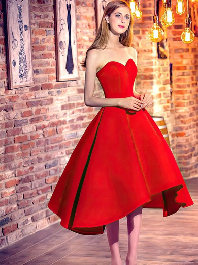 Classic Princess Sweetheart Satin Asymmetrical Ruffles Red High Low Bridesmaid Dresses #PDS010020103199