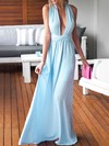 Sheath/Column V-neck Chiffon Floor-length Ruffles Blue Backless Sexy Bridesmaid Dresses #PDS010020103552