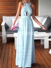Sheath/Column V-neck Chiffon Floor-length Ruffles Blue Backless Sexy Bridesmaid Dresses #PDS010020103552