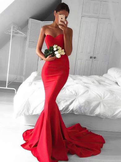 Top Trumpet/Mermaid Sweetheart Silk-like Satin Sweep Train Ruffles Red Backless Bridesmaid Dresses #PDS010020103568
