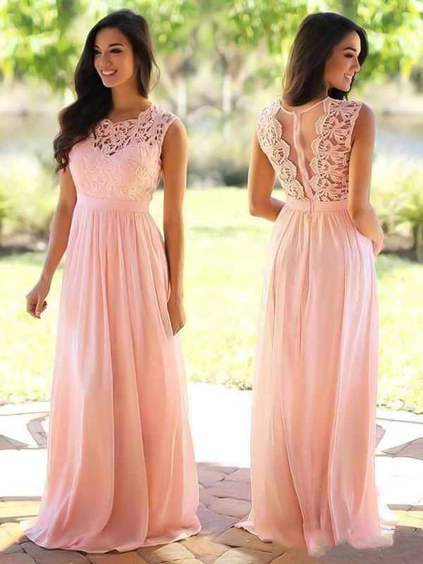 Affordable A-line Scoop Neck Lace Chiffon Floor-length Bridesmaid Dresses #PDS010020104579