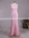 Sheath/Column Scoop Neck Lace Sweep Train Lace Bridesmaid Dresses #PDS010020104813