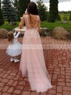 A-line V-neck Tulle Sweep Train Appliques Lace Bridesmaid Dresses #PDS010020105330