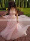 A-line V-neck Tulle Sweep Train Appliques Lace Bridesmaid Dresses #PDS010020105330