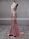 Trumpet/Mermaid V-neck Silk-like Satin Sweep Train Appliques Lace Bridesmaid Dresses #PDS010020105512