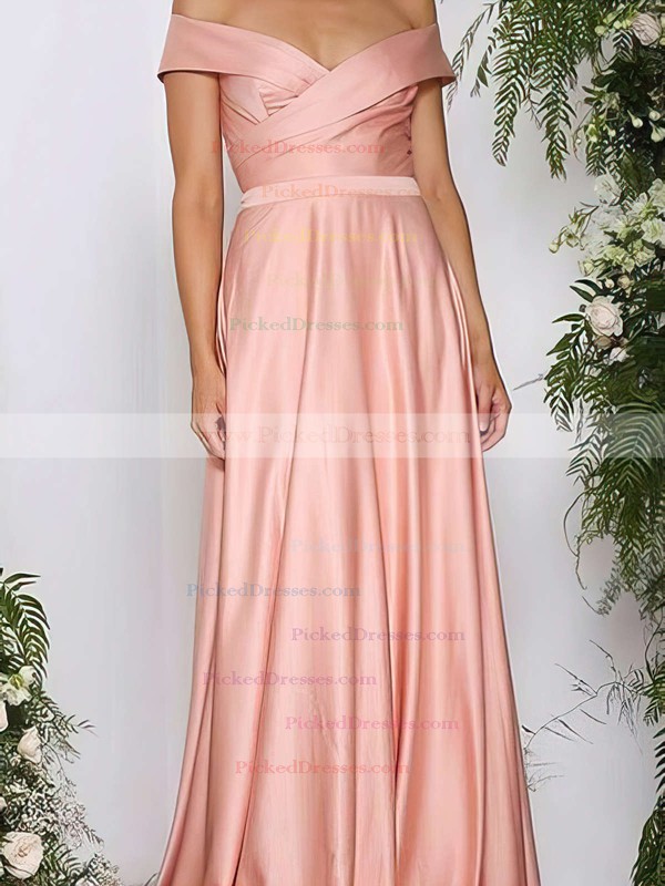 A-line Off-the-shoulder Silk-like Satin Sweep Train Ruffles Bridesmaid Dresses #PDS010020105737