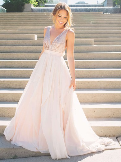 Ball Gown V-neck Tulle Sequined Sweep Train Sashes / Ribbons Bridesmaid Dresses #PDS010020106039