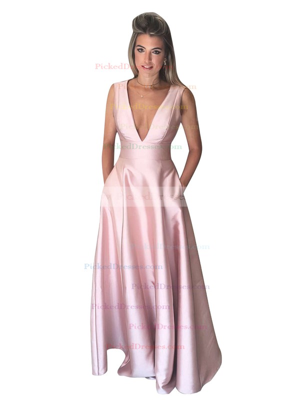 A-line V-neck Satin Floor-length Pockets Bridesmaid Dresses #PDS010020106098