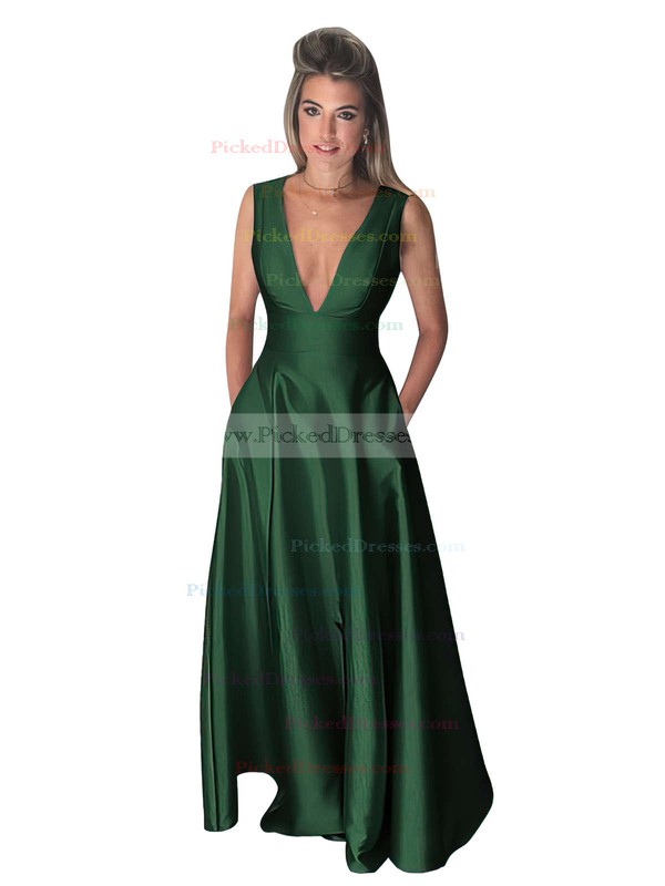 A-line V-neck Satin Floor-length Pockets Bridesmaid Dresses #PDS010020106098